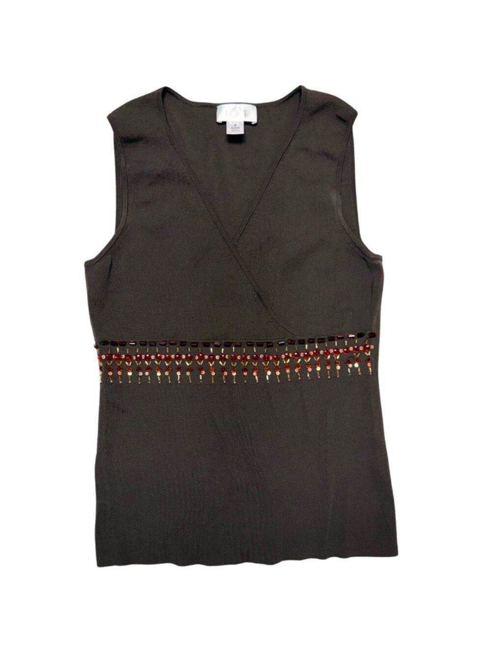 Y2K Loft Beaded Wrap Front Knit Sleeveless Top Chocolate Brown Size Small